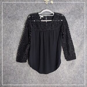 Joie Tunic XS Embroidered Sheer Lace 3/4 Sleeve Black Festival Boho Button